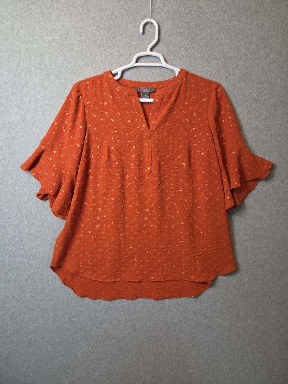 Olivia & Martin Orange Swiss Dot Boho Floral SS V Neck Blouse Women Plus 1X